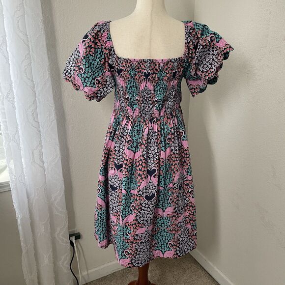 Simply Southern Smocked Dress Womens Large Pink Flamingos Floral Puff Sleeve - Picture 2 of 9